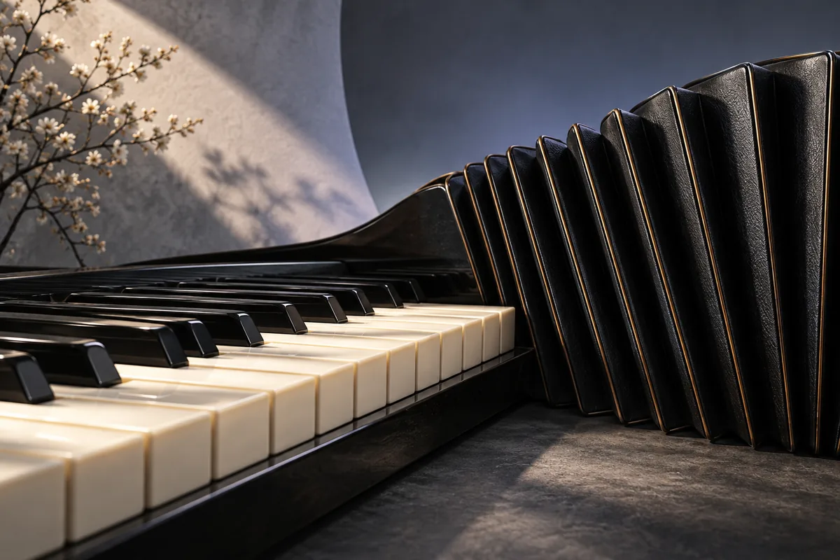 Ivory piano keys beside dark folded bellows