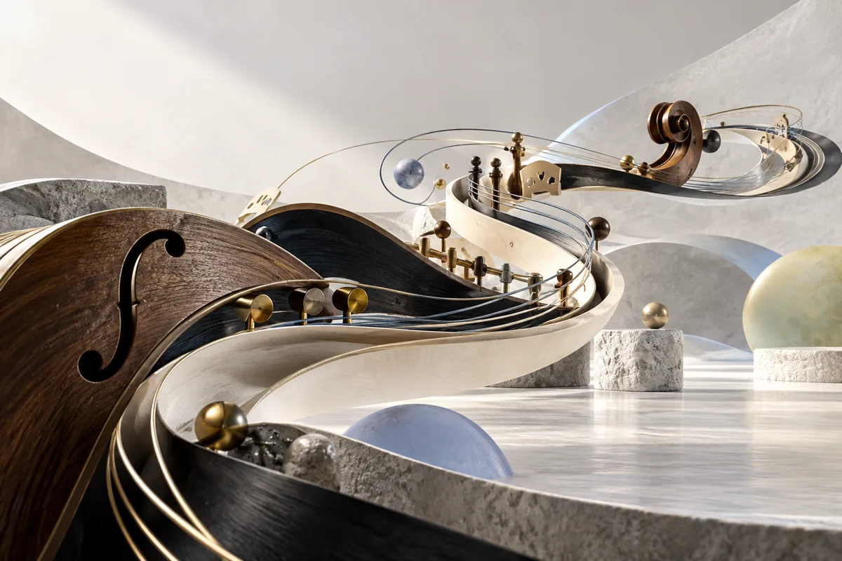 A winding sculpture of strings and instrument forms